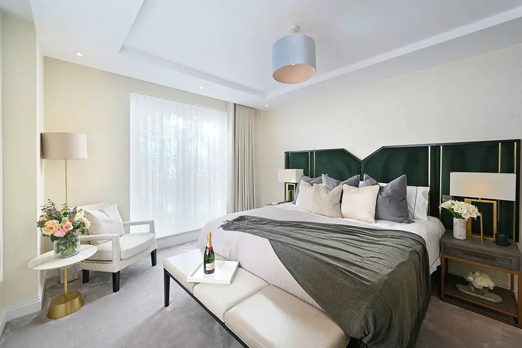 The master bedroom of the show home at The Mansions Wimbledon. Call Berkeley on 020 8003 6139 | Property London